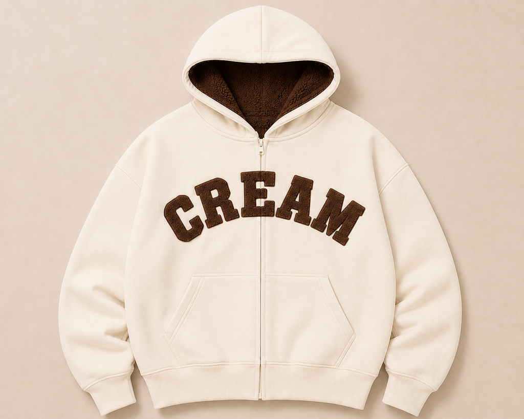 Brown on Cream Zip Hoodie - Fluff Print
