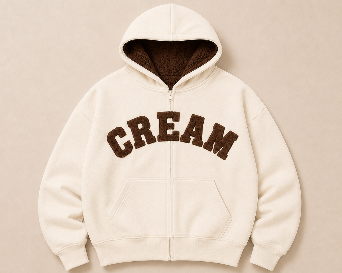 Brown on Cream Zip Hoodie - Fluff Print