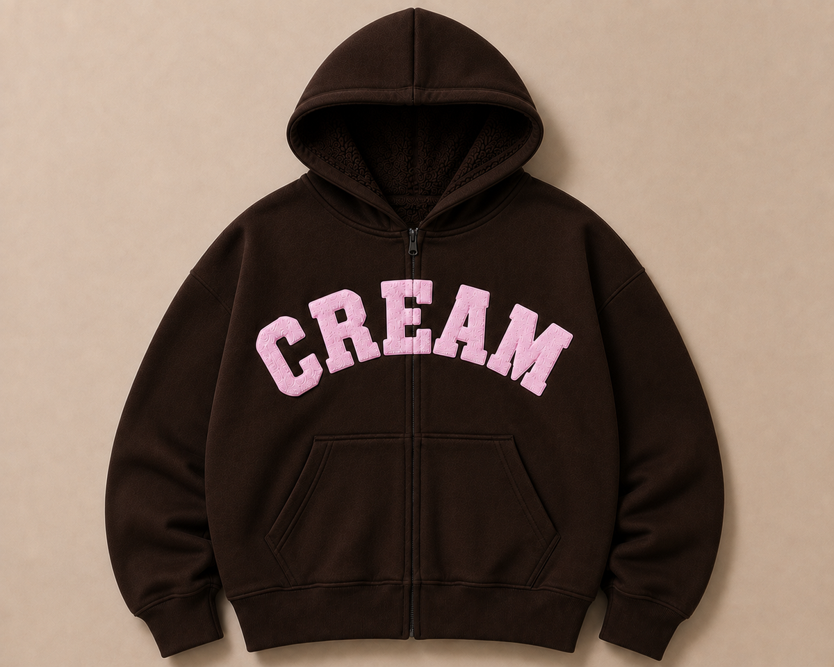 Pink on Brown Zip Hoodie - Fluff Print