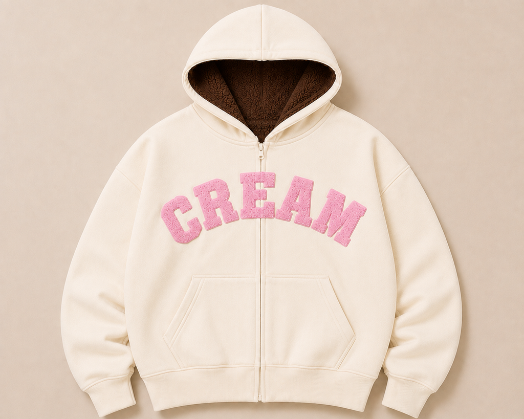 Pink on Cream Zip Hoodie - Fluff Print