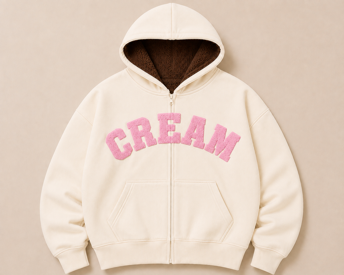 Pink on Cream Zip Hoodie - Fluff Print