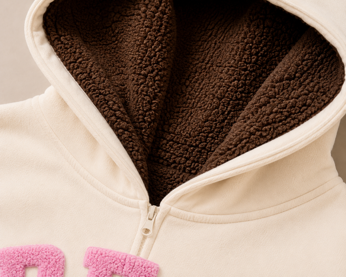 Pink on Cream Zip Hoodie - Fluff Print