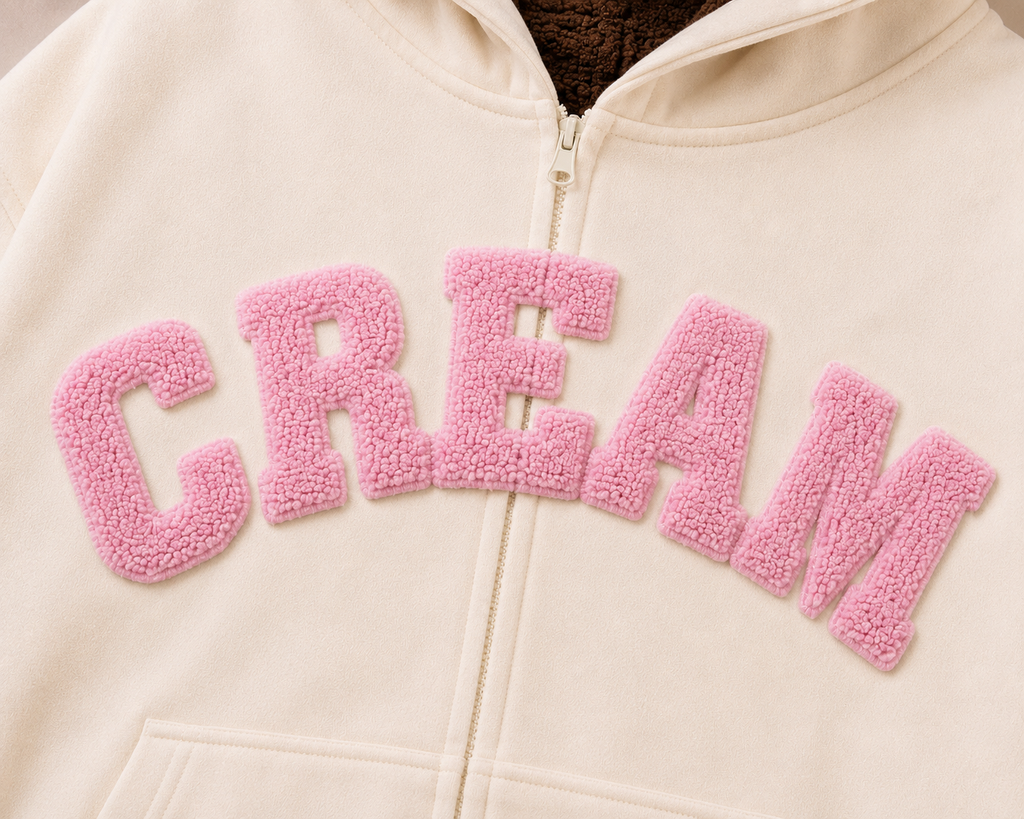 Pink on Cream Zip Hoodie - Fluff Print